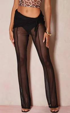 Black Mesh Wrap Ruched Detail Pants
