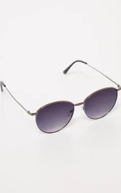 Black Metal Frame Ombre Lens Round Sunglasses