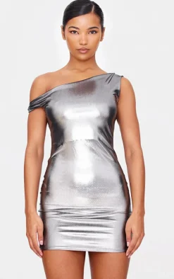 Black Metallic Asymmetric One Shoulder Mini Dress
