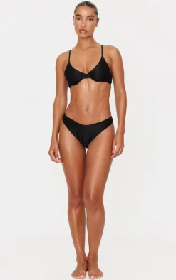Black Metallic Crinkle High Leg Bikini Bottoms