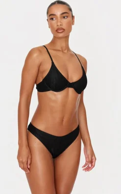 Black Metallic Crinkle High Leg Bikini Bottoms
