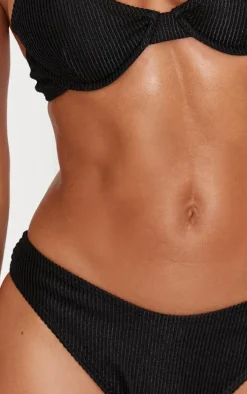 Black Metallic Crinkle High Leg Bikini Bottoms