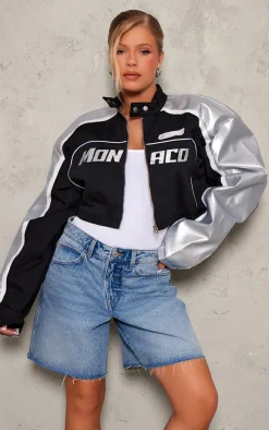 Black Metallic Faux Leather Contrast Sleeve Racer Jacket