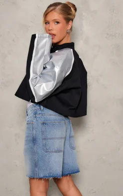 Black Metallic Faux Leather Contrast Sleeve Racer Jacket