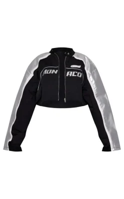 Black Metallic Faux Leather Contrast Sleeve Racer Jacket