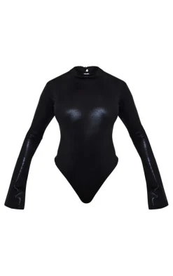 Black Metallic High Neck Open Back Bodysuit