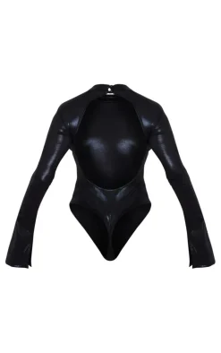 Black Metallic High Neck Open Back Bodysuit