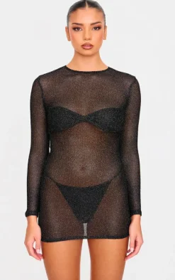 Black Metallic Ribbed Twist Bust Long Sleeve Mini Dress