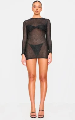 Black Metallic Ribbed Twist Bust Long Sleeve Mini Dress