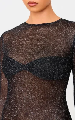 Black Metallic Ribbed Twist Bust Long Sleeve Mini Dress