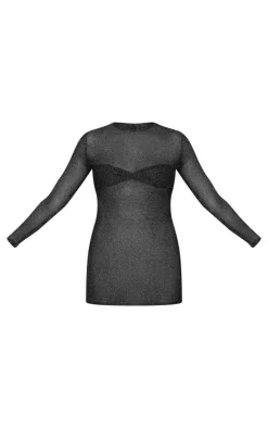Black Metallic Ribbed Twist Bust Long Sleeve Mini Dress