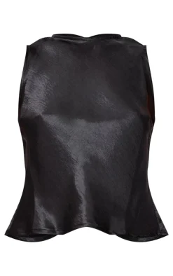 Black Metallic Satin Boatneck Long Top