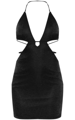 Black Metallic Sheer Halterneck Cut Out Mini Dress