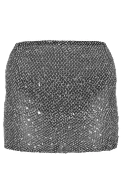 Black Metallic Textured Mesh Dipped Hem Mini Skirt
