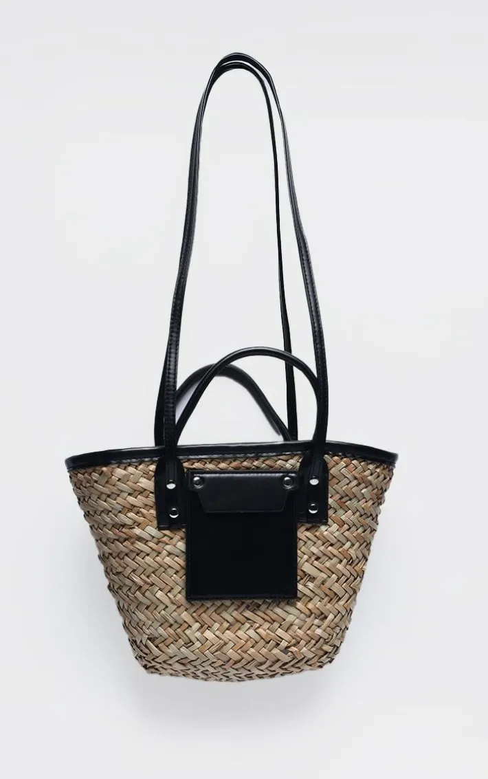 Black Mini PU Trim Straw Tote Bag