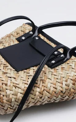 Black Mini PU Trim Straw Tote Bag