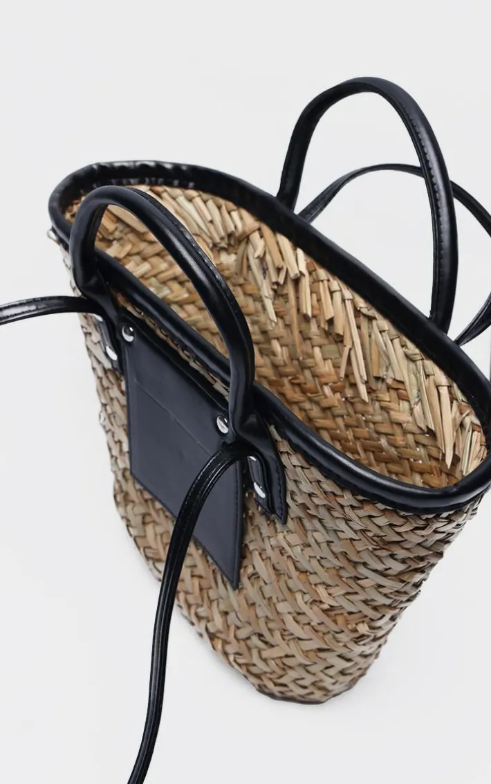 Black Mini PU Trim Straw Tote Bag