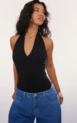 Black Modal Cotton Halter Bodysuit