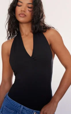 Black Modal Cotton Halter Bodysuit