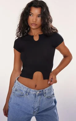 Black Modal Cotton Notch Neck Split Hem T Shirt