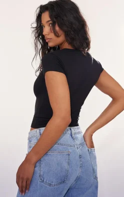 Black Modal Cotton Notch Neck Split Hem T Shirt