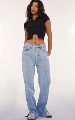 Black Modal Cotton Notch Neck Split Hem T Shirt