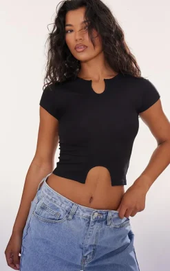 Black Modal Cotton Notch Neck Split Hem T Shirt