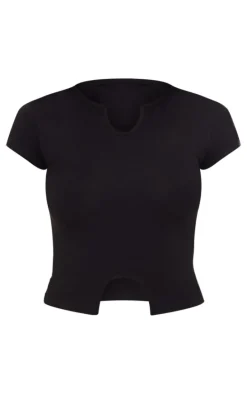Black Modal Cotton Notch Neck Split Hem T Shirt