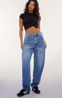 Black Modal Cotton Ruched Front Crop T Shirt