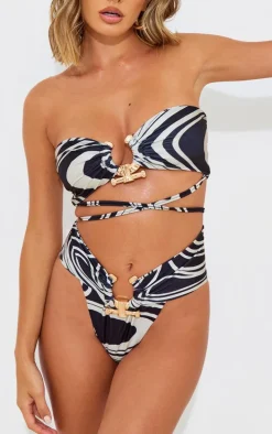 Black Monochrome Swirl Print Hammered Trim Bikini Bottom