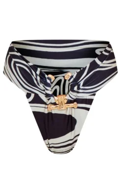 Black Monochrome Swirl Print Hammered Trim Bikini Bottom