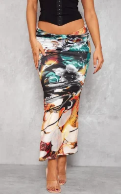 Black Multi Print Soft Touch Knot Front Midaxi Skirt