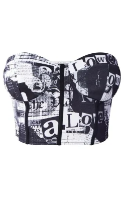 Black Newspaper Print Cup Detail Corset Top