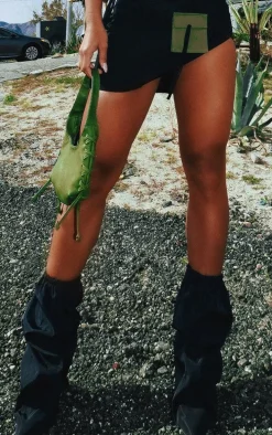 Black Nylon Elasticated Pointed Clipped Wedge Heeled Boots