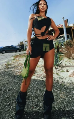 Black Nylon Elasticated Pointed Clipped Wedge Heeled Boots