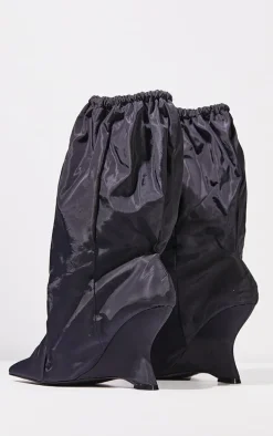 Black Nylon Elasticated Pointed Clipped Wedge Heeled Boots