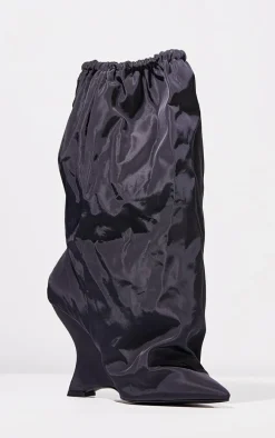 Black Nylon Elasticated Pointed Clipped Wedge Heeled Boots