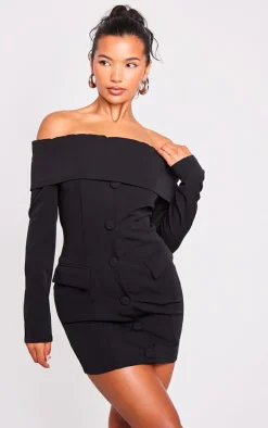 Black Off Shoulder Button Front Shift Blazer Dress