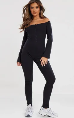 Black Off The Shoulder Button Front Ribbed Jumpsuit