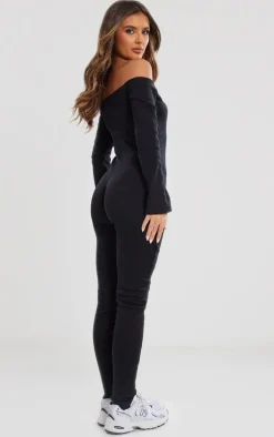 Black Off The Shoulder Button Front Ribbed Jumpsuit