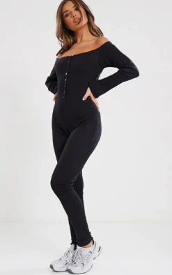 Black Off The Shoulder Button Front Ribbed Jumpsuit