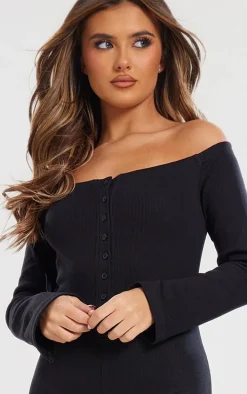 Black Off The Shoulder Button Front Ribbed Jumpsuit