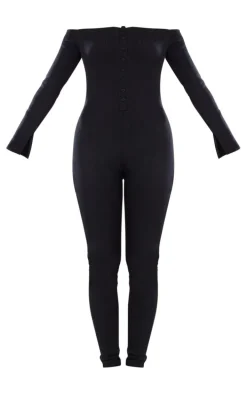 Black Off The Shoulder Button Front Ribbed Jumpsuit