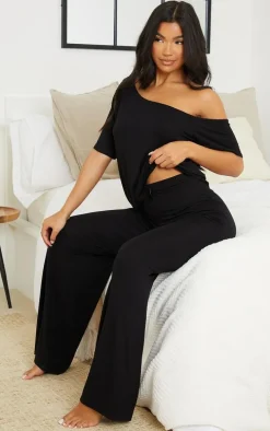 Black Off The Shoulder Top & Bottoms PJ Set