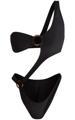 Black One Shoulder Cut Out O Ring Detail Swimsuit