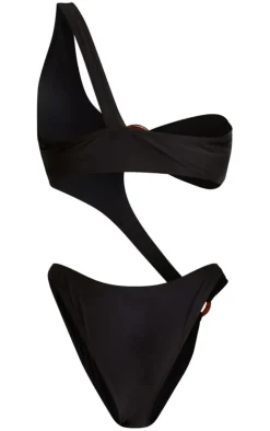 Black One Shoulder Cut Out O Ring Detail Swimsuit