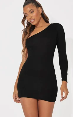 Black One Shoulder Long Sleeve Bodycon Dress
