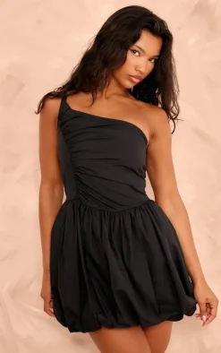 Black One Shoulder Ruched Puff Ball Dress