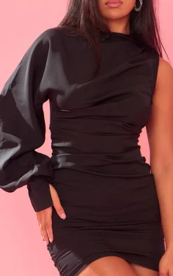 Black One Sleeve Ruched Woven Bodycon Dress
