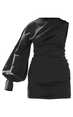 Black One Sleeve Ruched Woven Bodycon Dress